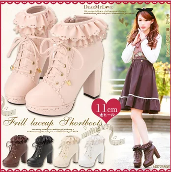 Japonski sweet lolita čevlji letnik krog glavo visoko peto ženske čevlje lepe čipke votlih iz vezna kawaii čevlji loli cosplay
