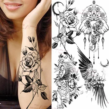 3D Black Rose Začasne Tetovaže Za Ženske Odraslih Slon, Tiger Krila Ponaredek Tattoo Nalepke Realne Body Art Okras Tattoo