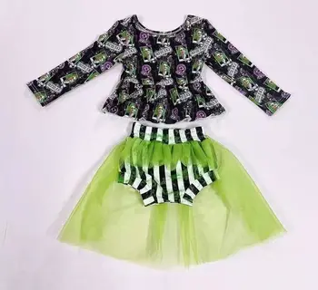 Plaža Določa Halloween Oblačila Tiskanje Ruffle Dolg Rokav Z Zeleno Organza Krilo Dekleta Obleke