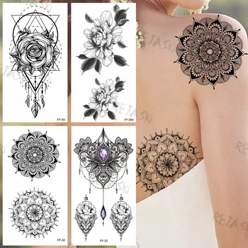 Črna Mandala Cvet Začasne Tetovaže Za Ženske, Dekleta Realne Dahlia Rose Ponaredek Gem Tattoo Nalepke Nazaj Roko Tatoos Počitnice