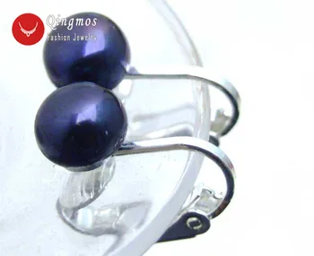 Qingmos Trendy Pearl Posnetek na Uhane, za Ženske z 7-8 mm Naravno Črno Ravno Krog Biserne Uhane Sterling Srebro S925 Posnetek-340