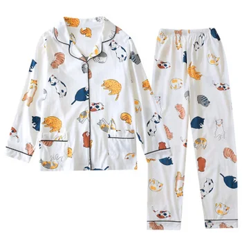 Daeyard 100% Bombažno Pižamo Set Za Ženske 2 Kos Splošno Natisnjeni Pižame Homewear Mehko Sleepwear Pomlad Dolg Rokav Beli Pijamas