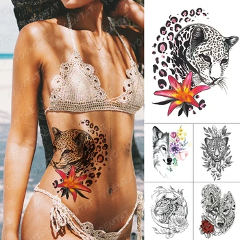 Nepremočljiva Začasni Tattoo Nalepke Živali Roza Leopard Lily Flash Tetovaže Volk Rose Cvet Body Art Roko Ponaredek Tattoo Ženske Moški