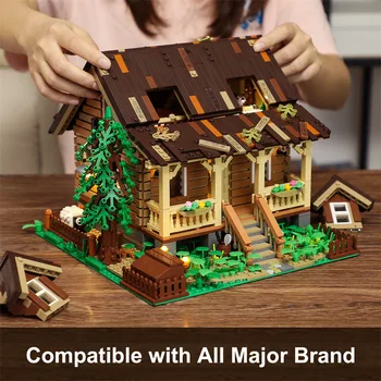 MOC Wood House Ocean Adventure Boat Lakeside Cabin Building Blocks with LED Lighting Model Children's Educational Assembly Toys