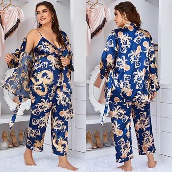 Ženske svileno pižamo pomlad in poletje naramnice hlače haljo tri-delni set velikosti ledu doma oblačila, ki jih lahko nosite izven