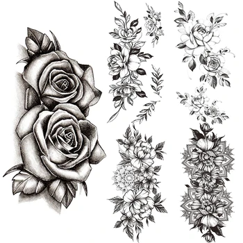 Big Black Rose Začasne Tetovaže Za Ženske Minimalističen Mandala Cvet Ponaredek Tattoo Nalepke Listi Tattoo Stanja Art Abdomens Bloosom