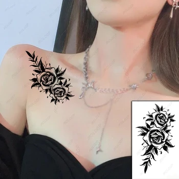 Rose Tattoo Nalepke Black Rastlin, Listov, Cvetov Nepremočljiva Začasno Moški Ženske Ponaredek Tetovaže Ličila Body Art