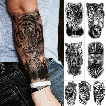 Nepremočljiva Začasni Tattoo Nalepke Gozd Tiger Gorskih Flash Tetovaže, Lobanja, Križ Ura Lev Rose Body Art Roko Ponaredek Tattoo Wome