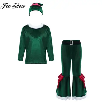 Baby Otroci Dekleta Božič Elf Obleke z Dolgimi Rokavi Top z Sežgati Hlače Opozoril Klobuk Božič Temo Stranki Božiček Kostum Cosplay