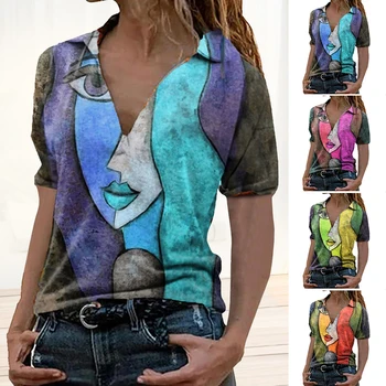 Picasso Sanje V-Neck Top Tiskanja Priložnostne Bluzo za Ženske Puloverju Kratek Rokav Vrh Krog Vratu Majica