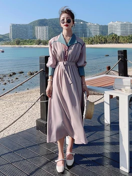 Francoski Stil Elegantno Srajco, Obleko za Ženske 2022 Pomlad Jesen Dolg Rokav Pasu Slim Priložnostne Kontrast Barve, Dolge Obleke Lady 6906