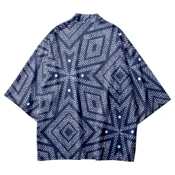 Moda Geometrijo Tiskanja Modra Japonski Kimono Poletje Priložnostne Plaži Jopico Yukata Ulične Ženske Moški Haori Vrh Azijskih Oblačila
