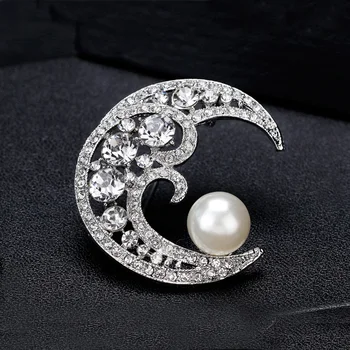 Elegantno Crystal Pearl Luna Obliko Broška za Ženske, Darila Okrasnih kodo Pin za Rojstni dan, Poročno zabavo Broške Zatiči Obleko Pribor