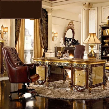 Visoka Kakovost Evropski Stil Masivnega Lesa Luksuzni Desk Italijanski Zlato Sledenje Desk Usnje Prosti Čas Vrtljivi Stol Kombinacija