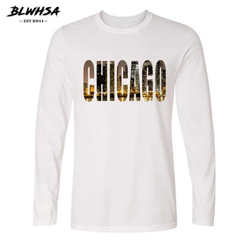BLWHSA ZDA Mestu Chicago Načrtovanje Tiskanih Long Sleeve majica s kratkimi rokavi Moški Jeseni Casual Moški Ulične Tshirt O-vratu blagovne Znamke Bombaža T-shir