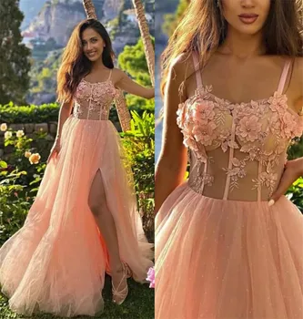 Candy Koralni Prom Obleke Cvetlični Iluzijo Izpostavljeni Boning Dolgo Formalno Večerne Split Spredaj Til Stranka Obleke