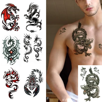 Veliko Realno Zmaj Ponaredek Začasne Tetovaže Za Moške, Ženske Edinstveno Ogenj Krila Tatoo Scorpion King Nepremočljiva Tattoo, Body Art Prsih
