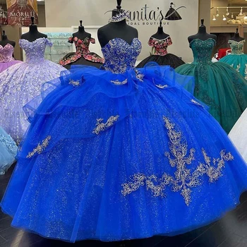 2022 Luksuzni Kraljevsko Modra Quinceanera Obleke Žogo Obleke Sequins Čipke Plus Velikost Mehiški 15 leto Šestnajst Princesa Sweet 16 Prom Oblačenja