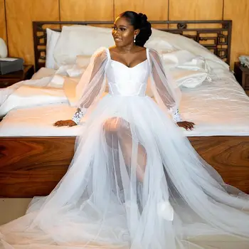 2022 Najnovejši Afriške Preprost Til Črto Poročno Obleko Odklon Dolg Rokav Poroka Oblek Plus Velikost