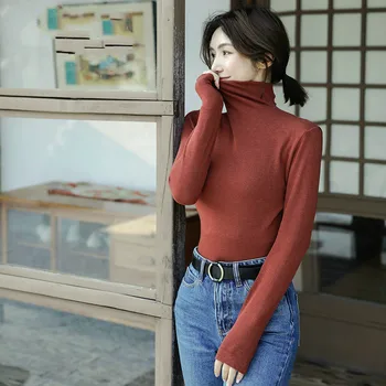 Korejski Ženske Spomladi in Jeseni Visoko vratu Dolgo sleeved Dno Majica Slim Divji Bambusov Oglje Bombaž Topli Vrh, Dno Majica