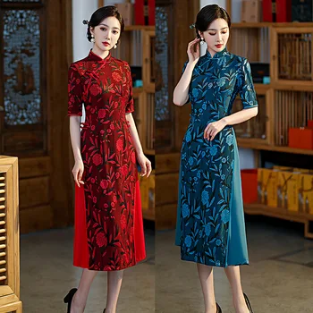 Poletje Tradicionalnih Mandarin Ovratnik, Kratkimi Rokavi Vezenje Šifon Aodai Cheongsam Obleka Ženske Kitajski Stil Poroka Qipao