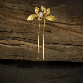 Nov Design, Umetnost Starinsko Vdelan Pearl Zlato Orhidej, Pribor Za Lase Klasične Temperament Ženske Hanfu Srebrni Nakit