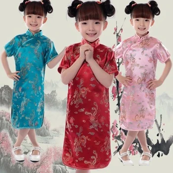 Otroci, Dekleta Letnik Orientalski Kitajske Tradicionalne Kostume Cheongsams Zmaj Vezenje Saten Svila Obleke za Otroke Dekleta