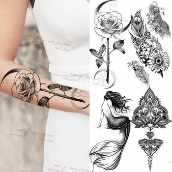 3D Rose Luna Začasne Tetovaže Za Ženske Odraslih Pero morska deklica Henna Ponaredek Tattoo Nalepke Seksi Nepremočljiva Body Art Slikarstvo Tattoo