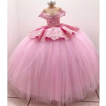 Pink Princess Quinceanera Obleke Proti-Vrat Til Čipke Appliques Kristalno Diplomi Stranka Obleko Žogo Obleke Oblačenja