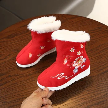 Pozimi Sneg Baby Čevlji Za Otroke, Dekleta Sneg Škornji Plus Žamet Toplo Dekleta Bombaž Čevlji Vezene Čevlji Tradicionalni Kitajski Čevlji