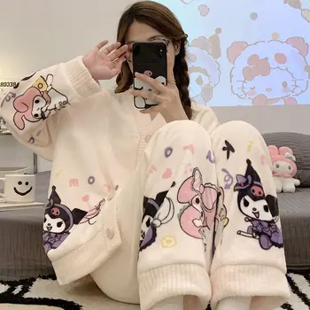 Sanrios Kuromi Cinnamoroll Moja Melodija Koralni Žamet Pižamo Plišastih Zgostitev Plišastih Zgostitev Anime Kawaii Housewear Set