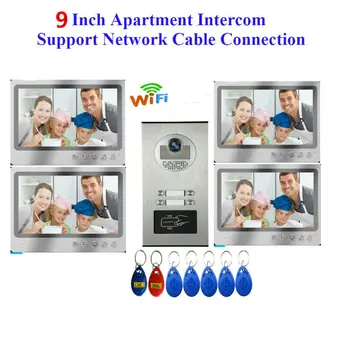 9-palčni Žično Wifi Apartmaji Video Vrata Telefon Interkom Sistem RFID IR-CUT HD 1000TVL Kamero z 2~4Apartment/Družino