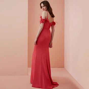 Elegantno Špagete Trakovi Kratek Rokav Večerne Obleke Perja in Ročno izdelane Rože Pleat Sirena Party Banket Obleke za Ženske