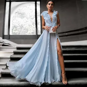 Moda Modro Nebo, Til Dolgo Prom Obleke Ruffles 3D Cvet Seksi Visoko Split Maturantski Halje A-line Backless Stranka Obleko