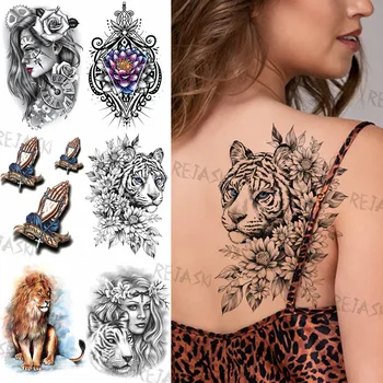 Seksi Sonce Cvet Tiger Začasne Tetovaže Za Ženske Dekle Realne Ponaredek Henna Lev Gangster Kristusa Tatoos Nazaj Pasu Tattoo Nalepka