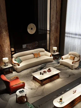 Villa Ebony usnje, usnjeni kavč kombinacija Evropske masivnega lesa velikih kakovostno usnje, usnjeni kavč v dnevni sobi