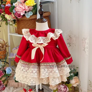 Pozimi španski Original Sladko Obleko Debele Klasično Rdečo Obleko Božič Obleko Dekle, Otroci Obleke za Dekleta Roža Punca Obleke