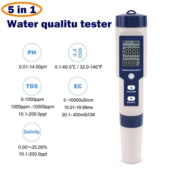 5 V 1 PH/TDS/ES/Slanosti in Temperature Tester Pero Strokovno Digitalni Vode Tester Nepremočljiva Multi-Funkcijo Meter