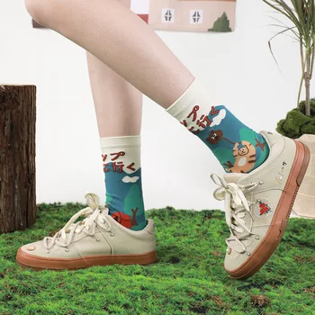 Original kampiranje podjetja gorski sistem ilustracije, risani luštna punca modne nogavice ženske mid-tele nogavice nekaj