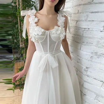 Xijun 2022 Bel Til A-Line Midi Prom Obleke Ljubica 3D Cvetje Appliques Čaj-Dolžina Poroka Stranka Obleko Formalnih Obleke