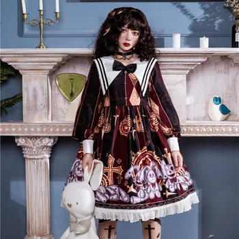 Gothic Dark Lolita Obleko Zavoj navzdol Ovratnik Čipke Bowknot Kawaii Obleko Zajec Tiskanje Lolita Op Svetilka Rokav Ictorian Obleko Cos