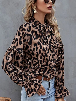 Modno Elegantna Ruffle Srajce Poletje Proti-Vrat Lok Leopard Tiskanja Retro Bluze Za Ženske Venčni Rokav Priložnostne Vrhovi Oblačila