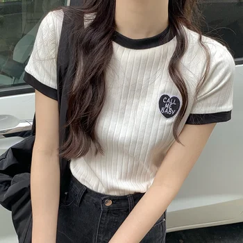 Bela Kratek Sleeve Majica s kratkimi rokavi ženske vrh Slim je tanka, Kontrastne barve novega modela, korejski Slog Pol Rokav Spredaj Ramo T-Shir