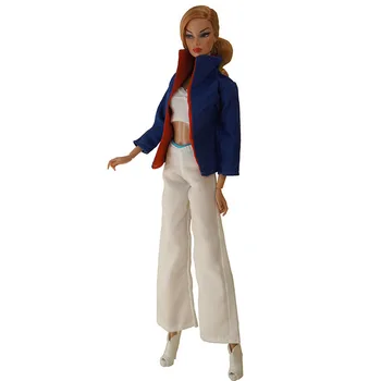 Moda 1/6 Doll Obleke Set za Barbie Oblačila Royalblue Plašč, Jakna in Bel Modrc Hlače Hlače 30 cm Lutke, Dodatki za Otroške Igrače
