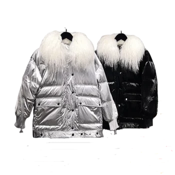 2021 Moda Evropi Parka Bela Raca Navzdol Coats Ženske Zimske Srebrna Sijajna Parkas Plašč Zgostitev Ženski Big Krzno Ovratnik Puhovka