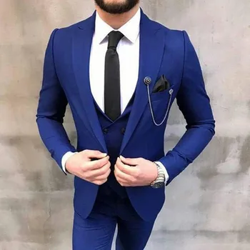 Nova Moda Kraljevsko Modra Vrha River Moških Tuxedos 3 Kos Slim Fit Prilagojene Ženina Poroka Obleke Suknjič Hlače Telovnik Kostum Homme