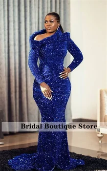 Royal Modra Sparkly Sequins Prom Obleke 2022 Aso Ebi Slog Večerne Dolg Rokav Rojstni Dan Obleko Vestido De Fiesta