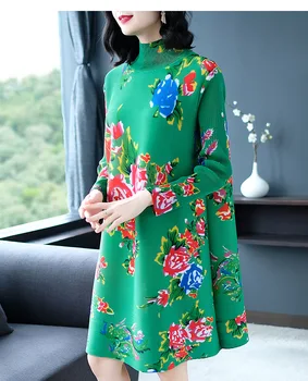 VROČE PRODAJO Miyake naguban enodelno obleko z dolgimi rokavi iz turtleneck Kitajski slog tiskanja naravnost obleko NA ZALOGI