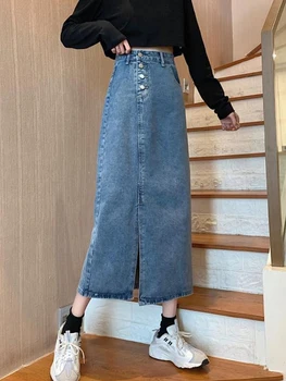 Denim Krilo Ženske obleke korejski Moda Visoko Pasu Dolga Krila Vintage Stil Ženski Priložnostne Gumbi Žepi Split Jeans Krilo