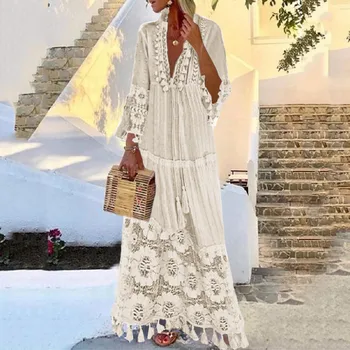 Jeseni Indie Proti-Vrat Bohemian Maxi Obleko Modne Priložnostne Stranka Barva Čipke Tassel Dolge Obleke, Plus Velikost Vestidos Mujer Robe